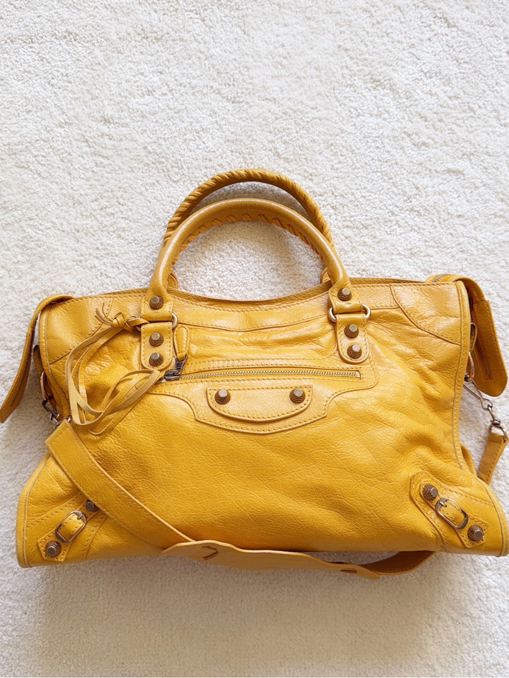 RARE💖 BALENCIAGA Mustard Yellow Medium CITY Motorcycle Shoulder Handbag Vintage - Picture 3 of 14